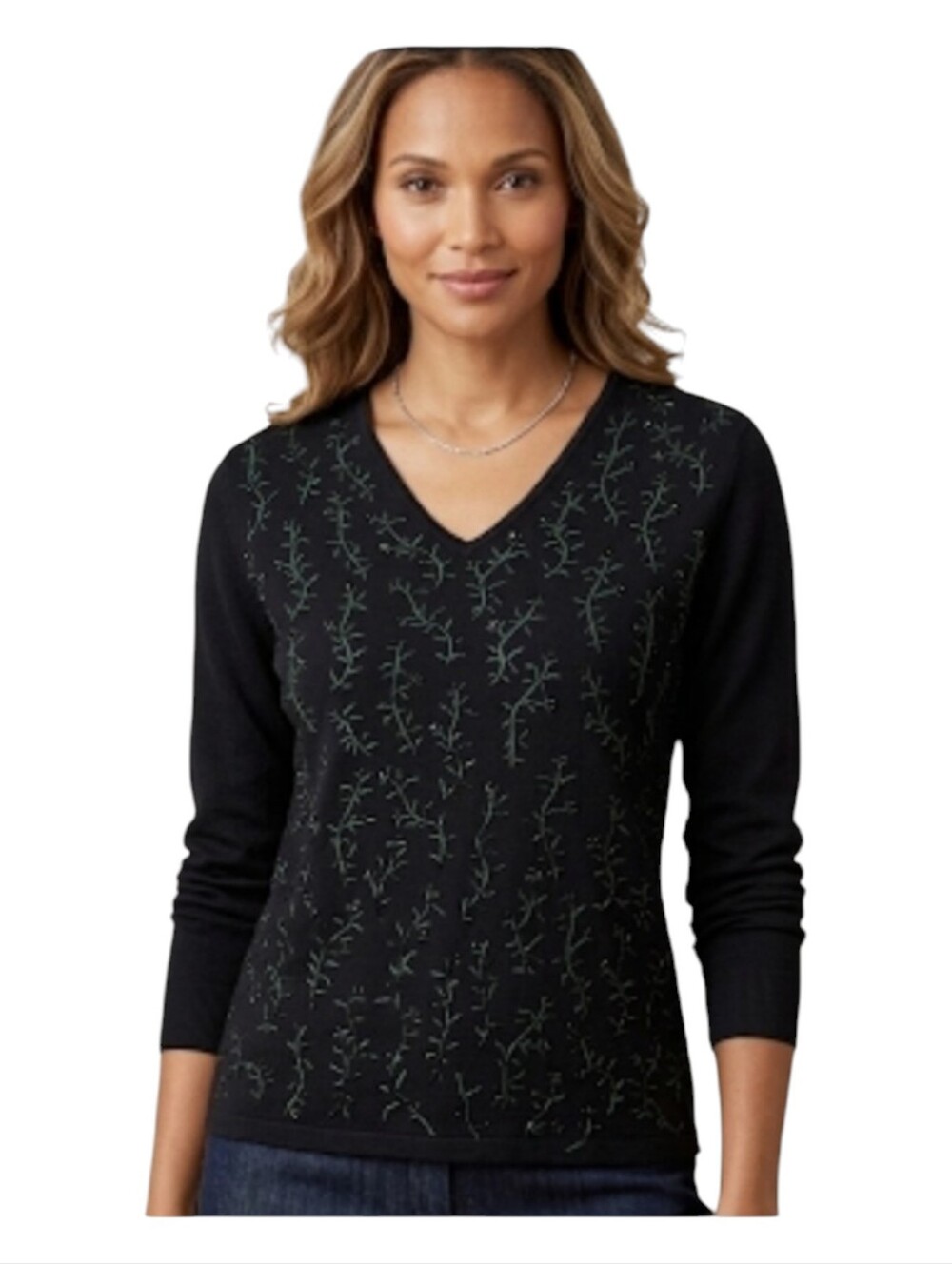 Jones New York Black Beaded Lambs Wool V Neck Sweater Sz S